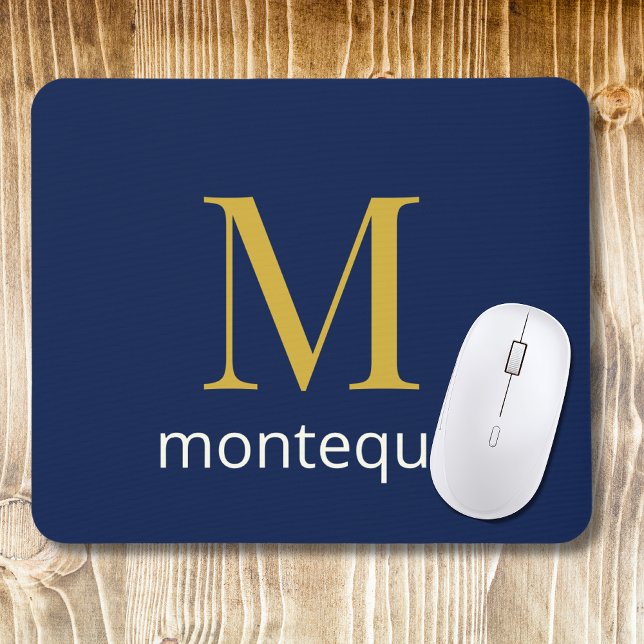 Deep Navy Gold Monogram Personalized Name Luxury  Mouse Pad (Creator Uploaded)