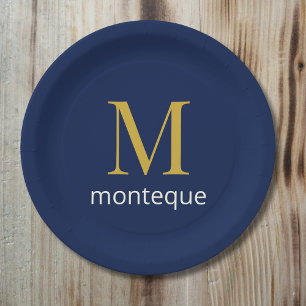 Deep Navy Gold Monogram Personalized Name Luxury Paper Plates