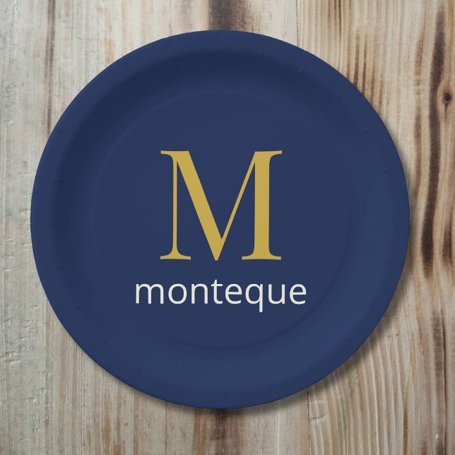 Deep Navy Gold Monogram Personalized Name Luxury  Paper Plates (Creator Uploaded)