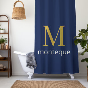 Deep Navy Gold Monogram Personalized Name Luxury  Shower Curtain
