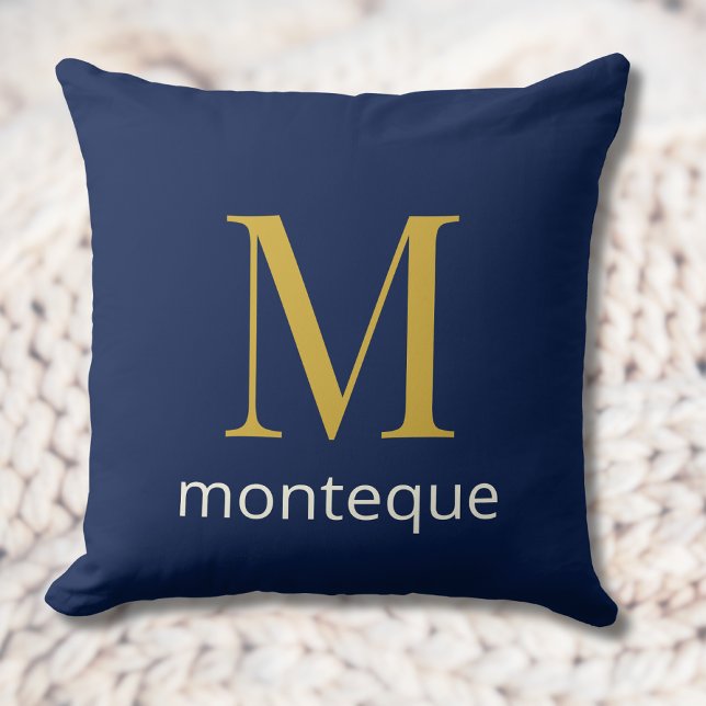 Deep Navy Gold Monogram Personalized Name Luxury  Throw Pillow (Creator Uploaded)