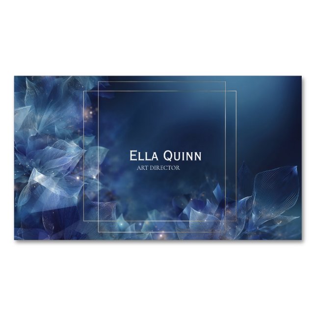 Deep Navy Icy Floral Gold Frame Celestial Business Card Magnet (Front)