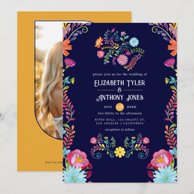 Deep Navy & Marigold Floral Mexican Fiesta Wedding Invitation (Front/Back)