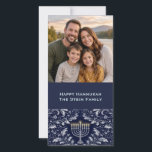 Deep Navy Menorah William Morris Pattern Holiday Card<br><div class="desc">An elegant and timeless design featuring a refined silver menorah centered within intricate William Morris–inspired foliage. Rendered in rich deep navy and soft silver tones, this artwork blends classic Judaica symbolism with historic botanical ornamentation for a sophisticated, heirloom-quality aesthetic. The flowing acanthus leaves and delicate florals create a balanced, symmetrical...</div>