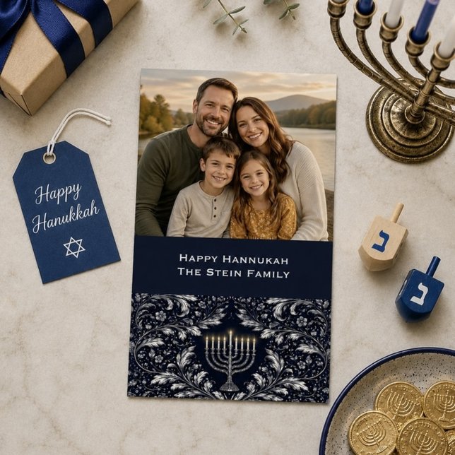 Deep Navy Menorah William Morris Pattern Holiday Card (Creator Uploaded)