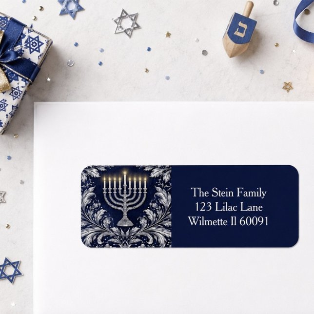 Deep Navy Menorah William Morris Pattern Label (Creator Uploaded)