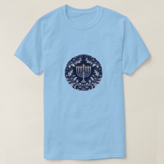 Deep Navy Menorah William Morris Pattern T-Shirt (Design Front)