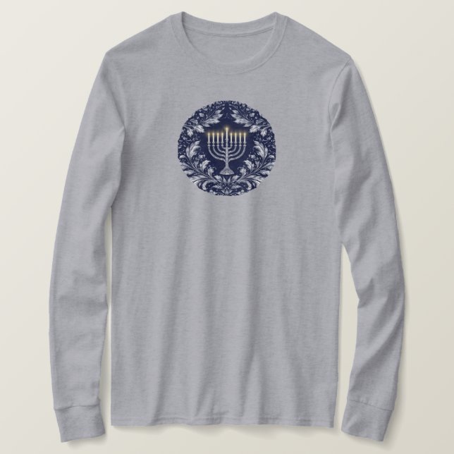 Deep Navy Menorah William Morris Pattern T-Shirt (Design Front)