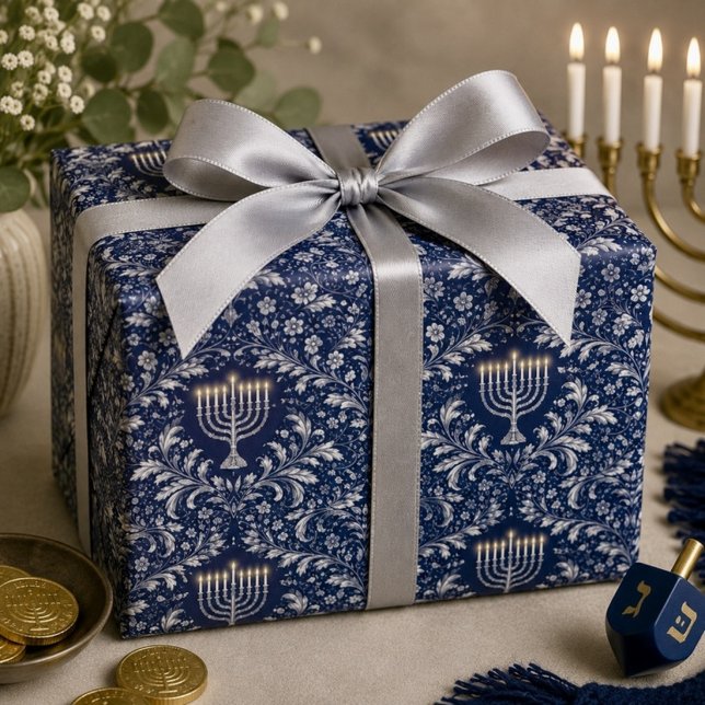 Deep Navy Menorah William Morris Pattern Wrapping Paper (Creator Uploaded)