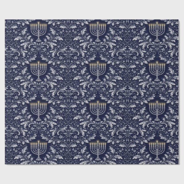 Deep Navy Menorah William Morris Pattern Wrapping Paper (Flat)