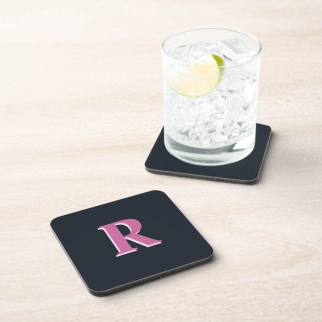 Deep navy pink monogrammed beverage coaster (Right Side)