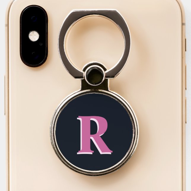 Deep navy pink monogrammed phone ring stand (Close Up)
