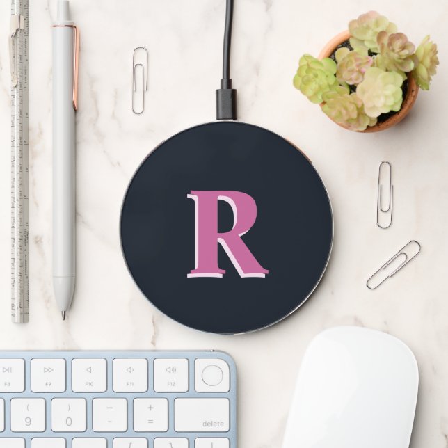 Deep navy pink monogrammed wireless charger  (Desk)