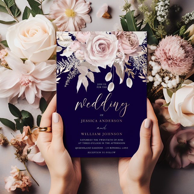 Deep Navy & Rose Gold Blush Floral Wedding Foil Invitation (Creator Uploaded)