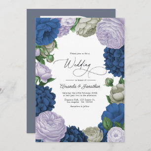 Deep Navy, Soft Lilac & Cloud Gray Floral Wedding Invitation