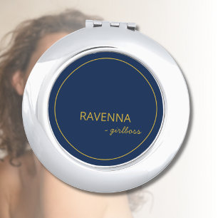 Deep Navy Subtle Gold Frame Luxury Girlboss Name Compact Mirror