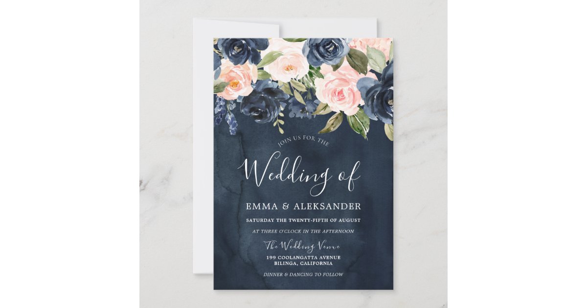 Navy and Blush Flowers Wedding Invitation - Wedding Stationery