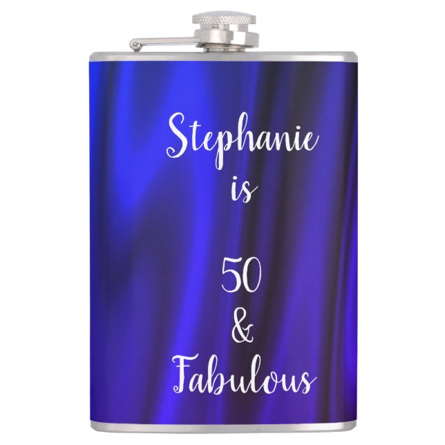 Deep Neon Blue Silky Satin Shiny 50 & Fabulous Flask (Front)