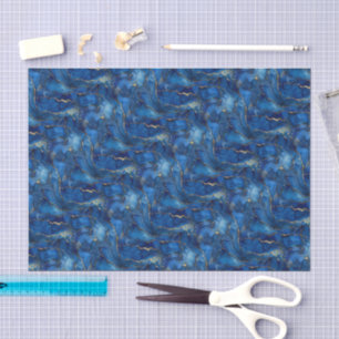 Deep Ocean Blue & Gold Watercolor Swirl Decoupage Tissue Paper
