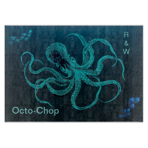 Deep Ocean Blue with Octopus  2 Schools of Fish   Cutting Board