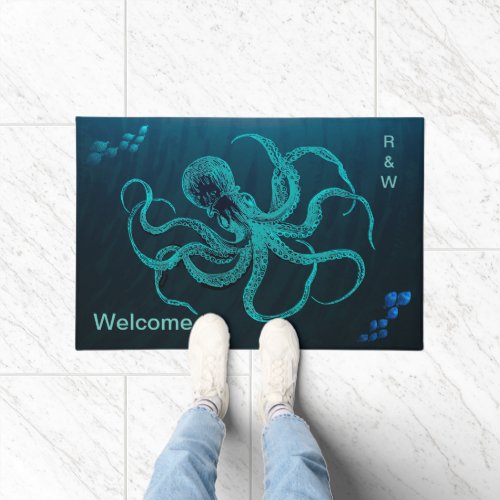 Deep Ocean Blue with Octopus  2 Schools of Fish Doormat