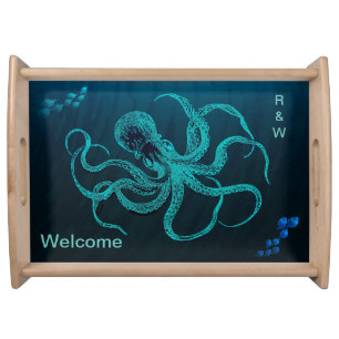 Deep Ocean Blue with Octopus & 2 Schools of Fish   Serving Tray
