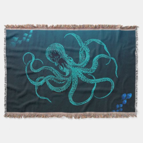Deep Ocean Blue with Octopus  2 Schools of Fish   Throw Blanket