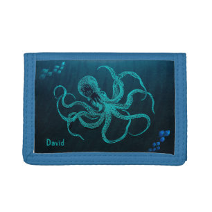 Deep Ocean Blue with Octopus & 2 Schools of Fish   Trifold Wallet