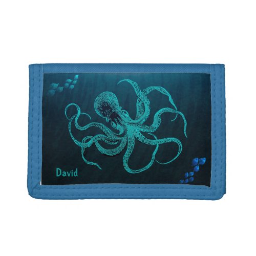 Deep Ocean Blue with Octopus  2 Schools of Fish  Trifold Wallet