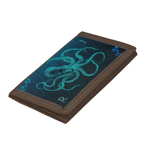 Deep Ocean Blue with Octopus  2 schools of Fish Trifold Wallet