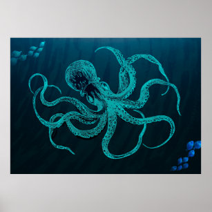 Deep Ocean Blue with Octopus & Fish Poster