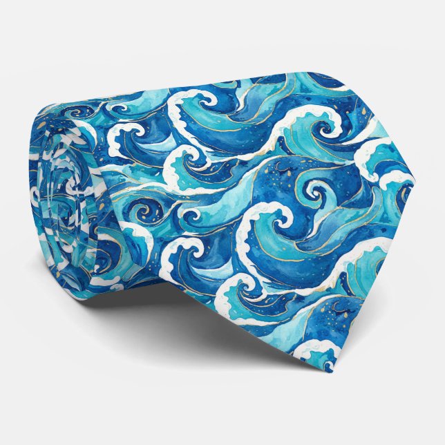 Deep Ocean Sapphire Blue Watercolor Waves Pattern Neck Tie (Rolled)