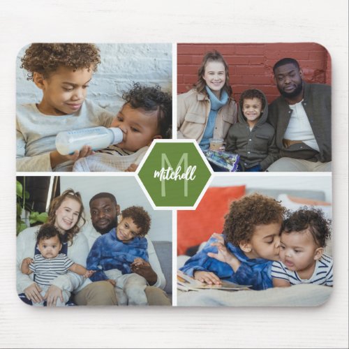 Deep Olive Hexagon Monogram Family Photo Collage Mouse Pad