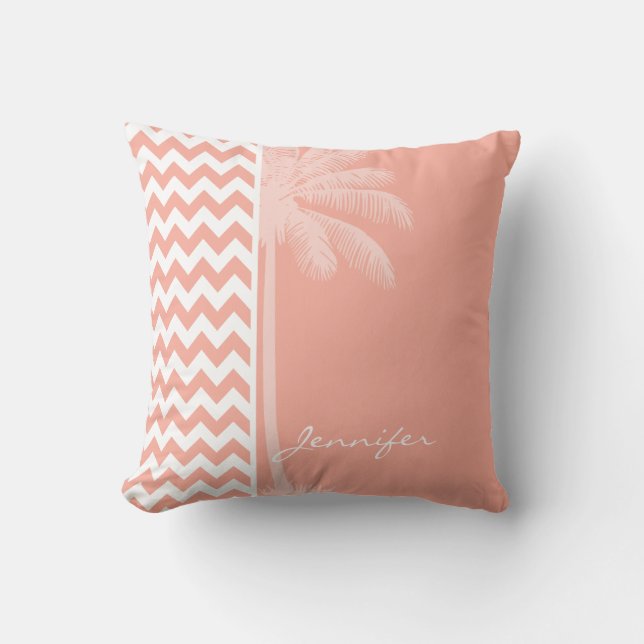 Deep Peach Chevron; Summer Palm Throw Pillow (Front)