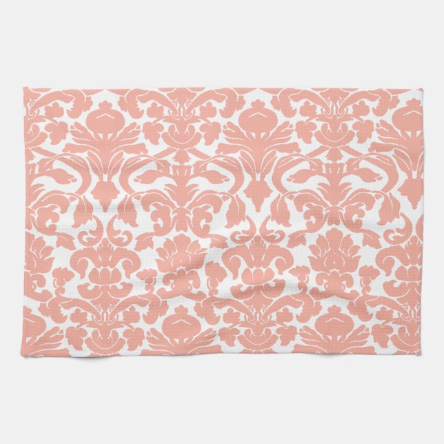 Deep Peach Damask Kitchen Towel (Horizontal)