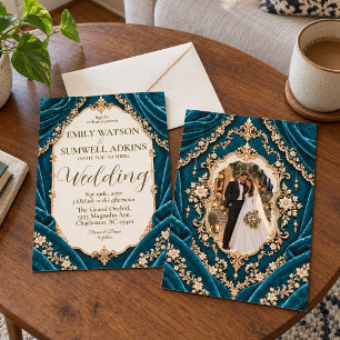Deep Peacock Teal Velvet Baroque Wedding Invitation