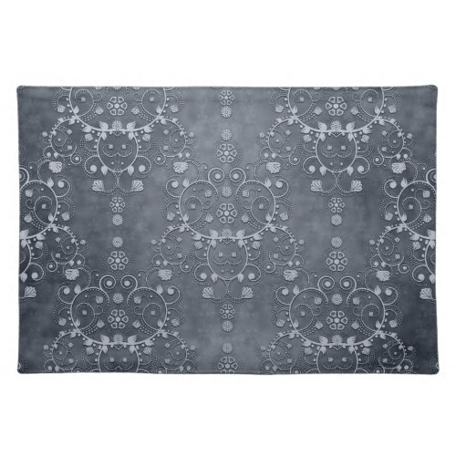 Deep Pewter Grey Silvery Floral Damask Pattern Cloth Placemat