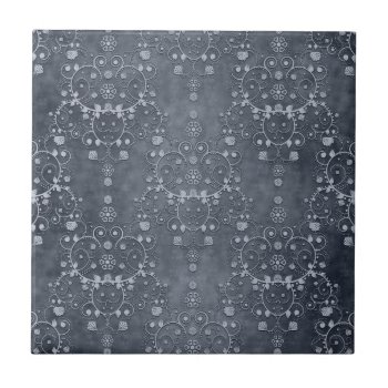 Deep Pewter Silvery Grey Floral Damask Pattern Tile by MHDesignStudio at Zazzle