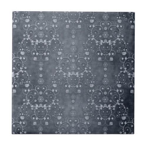 Deep Pewter Silvery Grey Floral Damask Pattern Tile