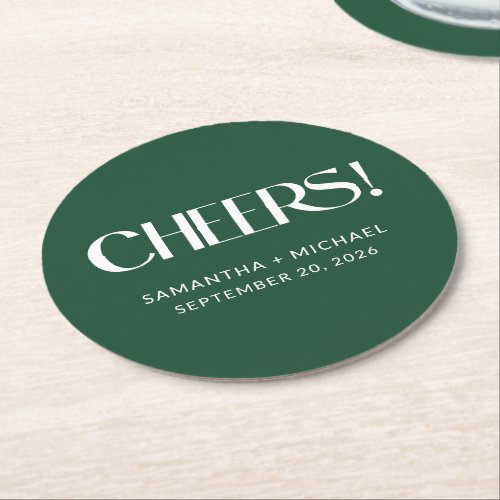Deep Pine Decorative Serif Wedding Cheers Round Paper Coaster