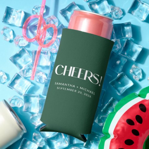 Deep Pine Decorative Serif Wedding Cheers Seltzer Can Cooler