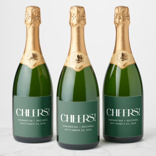 Deep Pine Decorative Serif Wedding Cheers Sparkling Wine Label