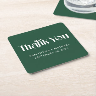 Deep Pine Decorative Serif Wedding Thank You Square Paper Coaster