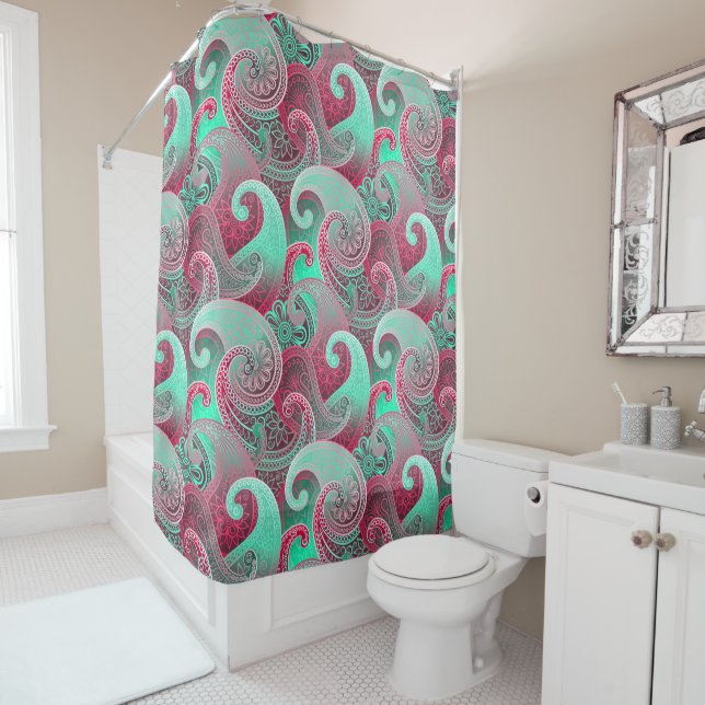 Deep Pink and Aqua Paisley Boho Damask Pattern Shower Curtain (In Situ)