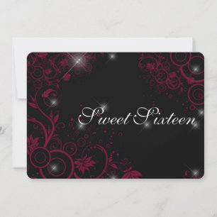 Deep Pink and Black Sparkle Stars Sweet Sixteen Invitation