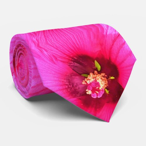 Deep Pink and Crimson Hibiscus Flower Macro Neck Tie