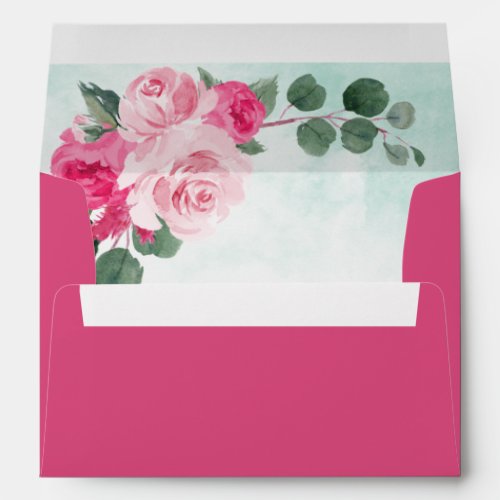 Deep Pink and Green Watercolor Floral Wedding Envelope