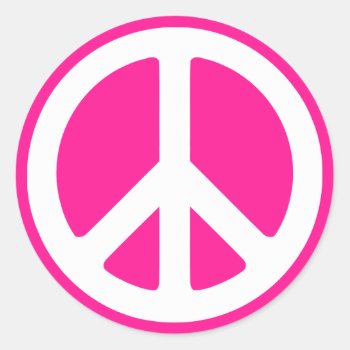 Deep Pink And White Peace Symbol Classic Round Sticker by peacegifts at Zazzle
