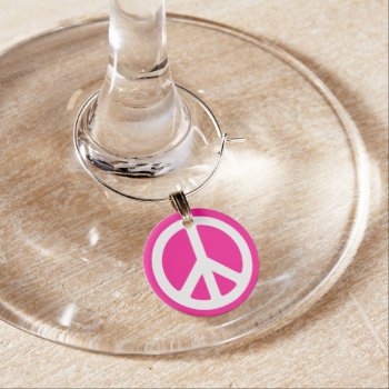 Deep Pink And White Peace Symbol Wine Glass Charm by peacegifts at Zazzle