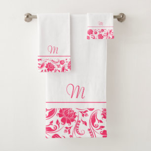 Deep-pink and white vintage damasks monogram bath towel set